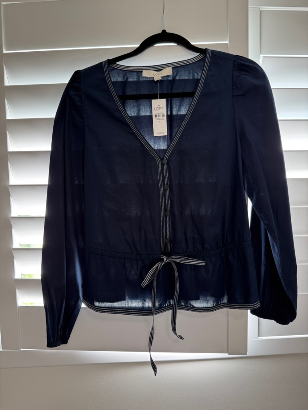 LOFT Navy V-Neck Tie-Waist Blouse with Contrast Trim